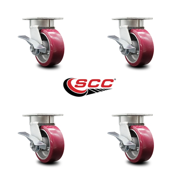 5 Inch Kingpinless Poly on Aluminum Wheel Swivel Caster Set with Brakes SCC